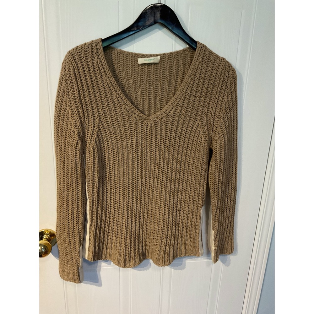 Elisa Cavaletti Sweater Womens Tan Excellent Ribbed V-Neck Contrast Trim
